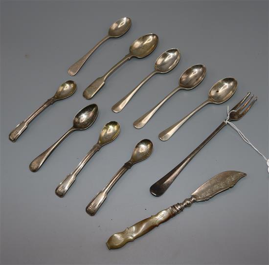 Mixed silver table, tea and condiment spoons and a butter knife (Georgian and later) & 3 plated items